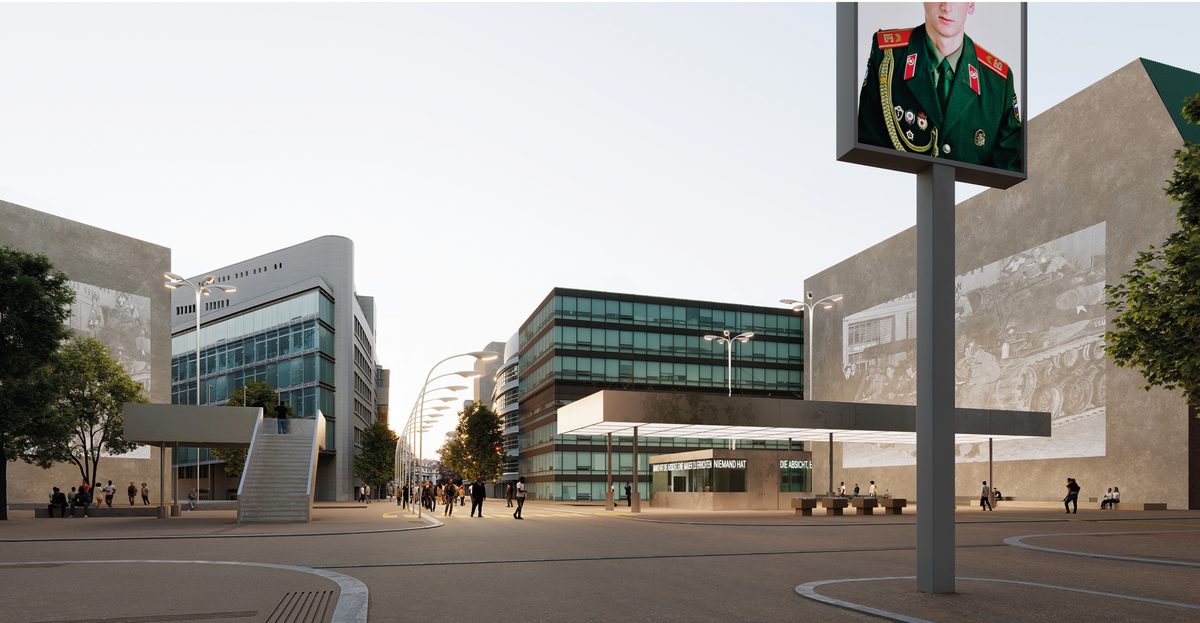 Rendering of the winning design for Checkpoint Charlie: a wide, pale, open square across Friedrichstrasse, a flat roof over a glass pavilion on the East Berlin side, a raised viewing platform with a staircase on the West Berlin side, and historical photographs on the firewalls