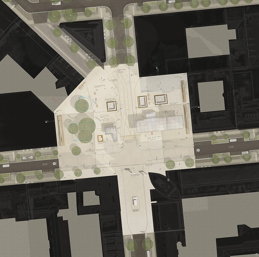 Site plan of the winning design: one continuous light surface across both lots and the road, a large flat roof east of Friedrichstrasse, framed cut-outs marking historic traces, tree clusters on the western lot