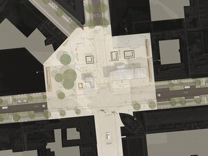 Planimetria del progetto vincitore: una superficie chiara continua su entrambi i lotti e sulla strada, una grande tettoia piatta a est della Friedrichstrasse, ritagli incorniciati che segnano le tracce storiche, gruppi di alberi sul lotto occidentale