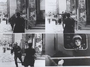 Filmaufnahmen von Conrad Schumanns Flucht über den Stacheldraht, Bernauer Straße, 15. August 1961