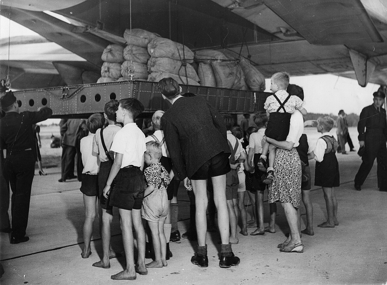 A C-74 Globemaster unloading flour at RAF Gatow during the Berlin Airlift, 1948