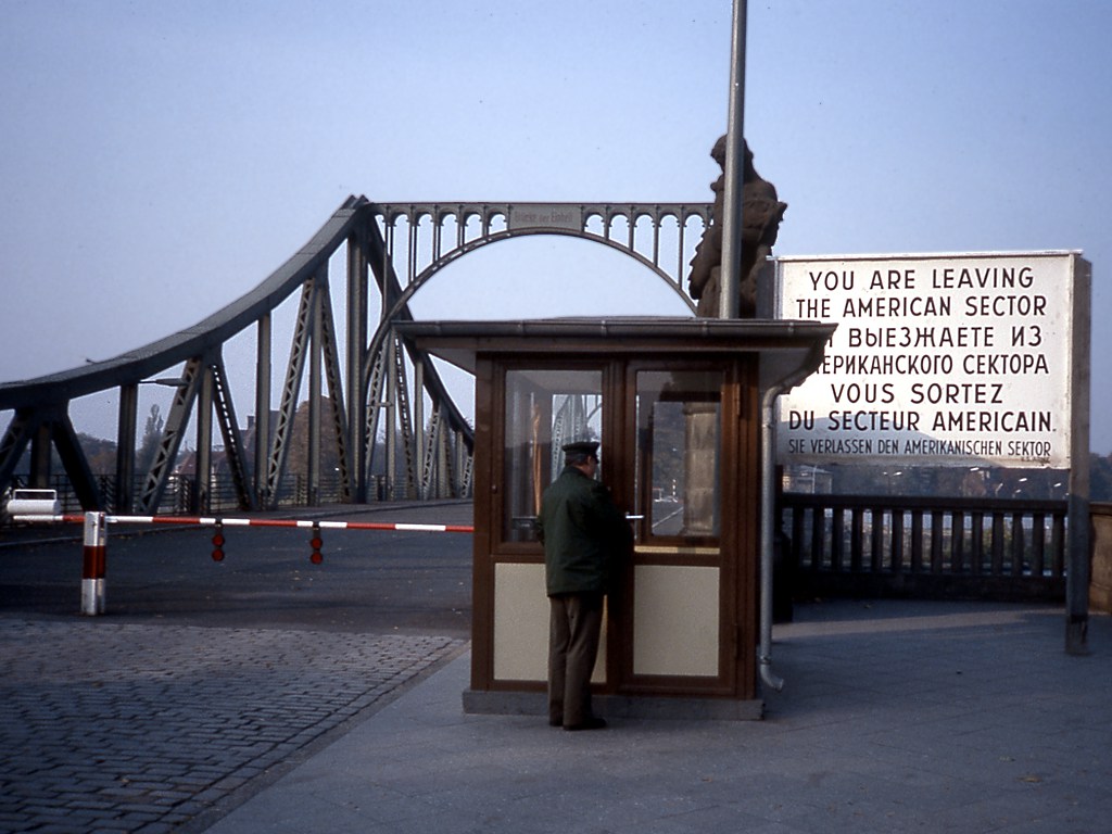 West Berlin checkpoint at the Glienicke Bridge with the 'You are leaving the American sector' sign, 1987