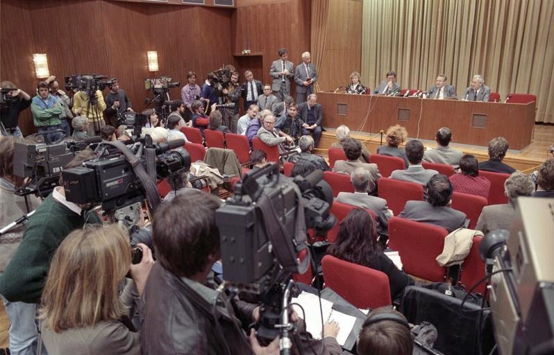 Gunter Schabowski at the press conference that opened the Berlin Wall, 9 November 1989