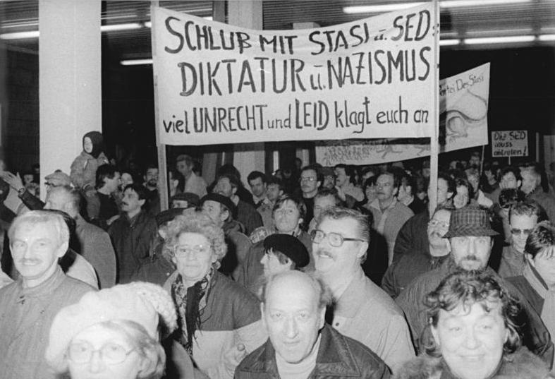 Demonstrators at the storming of the Stasi headquarters on Normannenstrasse, January 1990