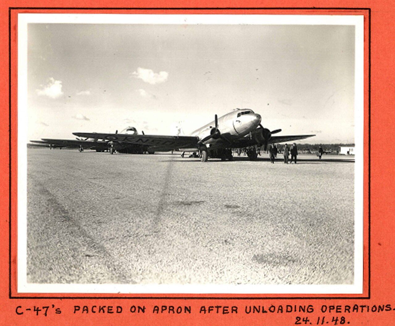 C-47 transports packed on the apron after unloading at Tegel during the Berlin Airlift