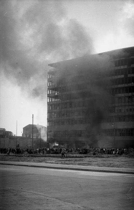 The Columbushaus burning at Potsdamer Platz during the uprising, 17 June 1953