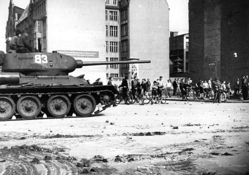 Soviet tank on Schützenstraße during the June 17 uprising, 1953