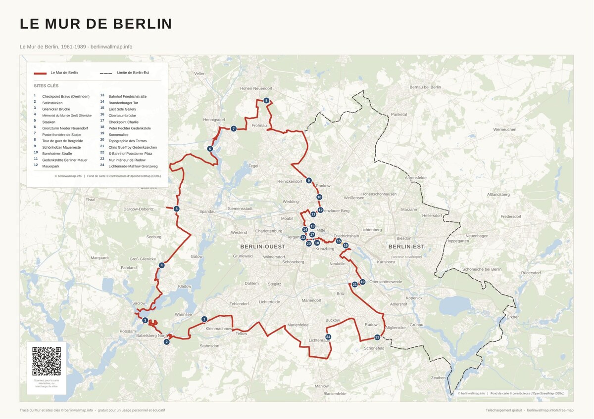Carte gratuite du Mur de Berlin en PDF - le tracé complet de 1961-1989