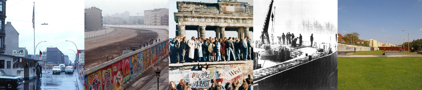 Berlin Wall photos montage: Checkpoint Charlie, East Side Gallery, Brandenburg Gate, Wall construction, and the Memorial