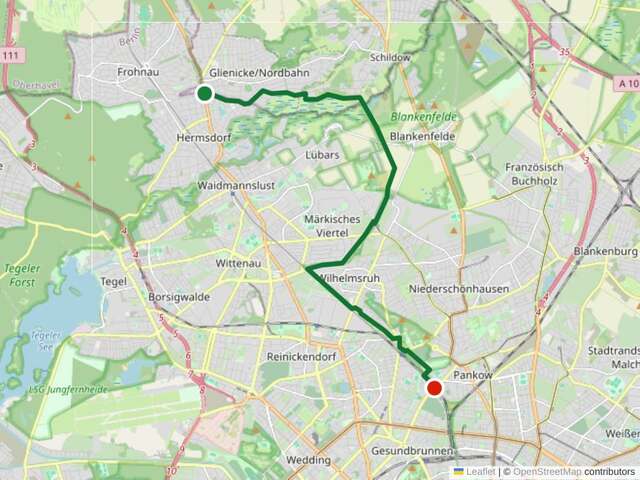 Etappe 12: Hermsdorf bis Wollankstraße (14 km). Rückkehr in die Stadt durch Frohnau, Lübars und Pankow, mit Anbindung an