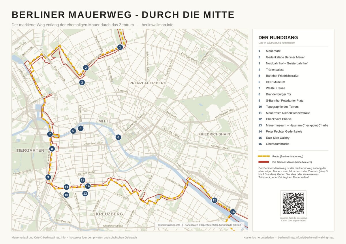 Berliner Mauerweg durch die Mitte - Karte als kostenloses PDF