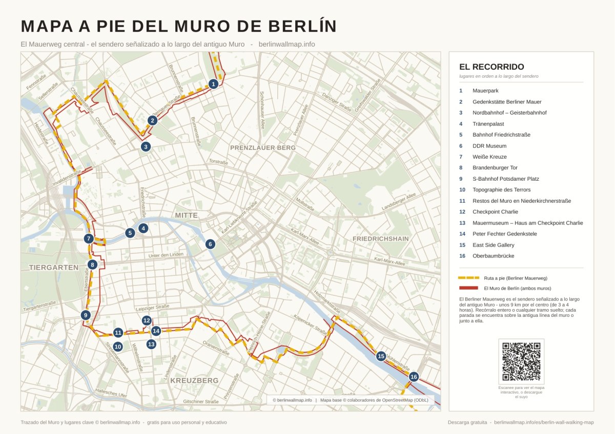 Mapa a pie del Muro de Berlín - Mauerweg central