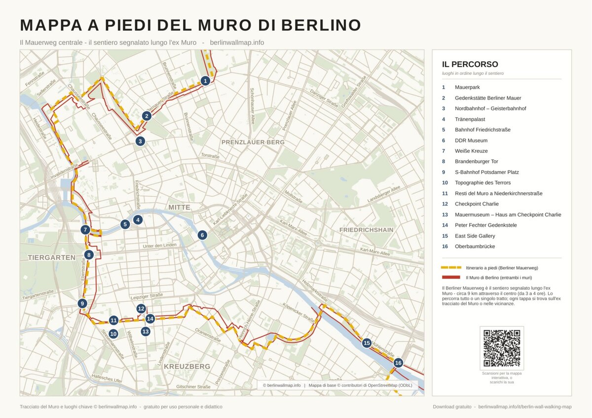 Mappa a piedi del Muro di Berlino - Mauerweg centrale