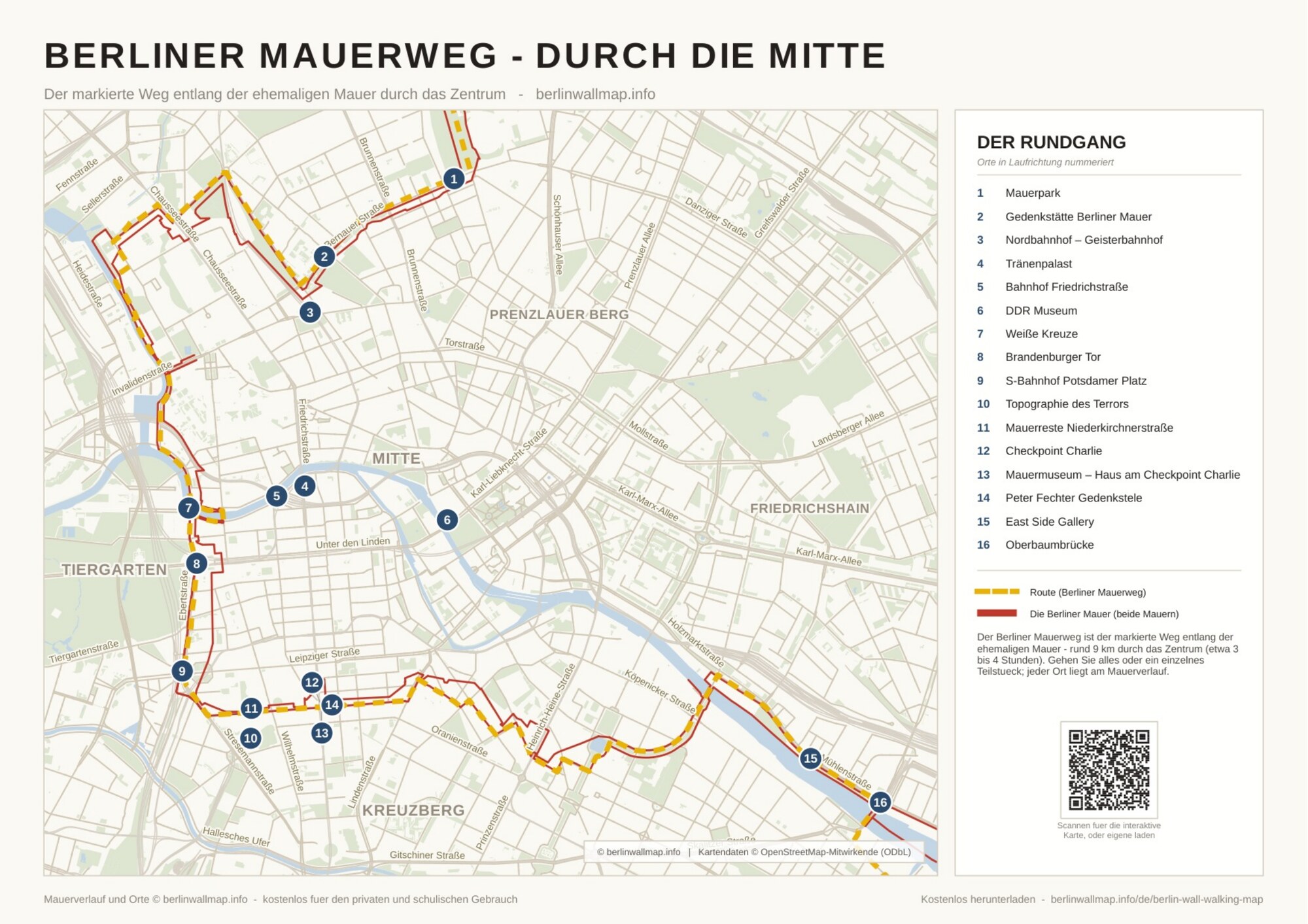 Berliner Mauerweg durch die Mitte - Karte als kostenloses PDF